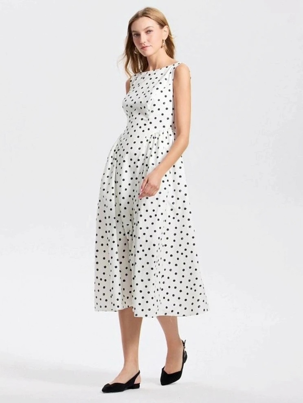 A New Day Polka Dot Midi Dress in White & Black Size Large NWT